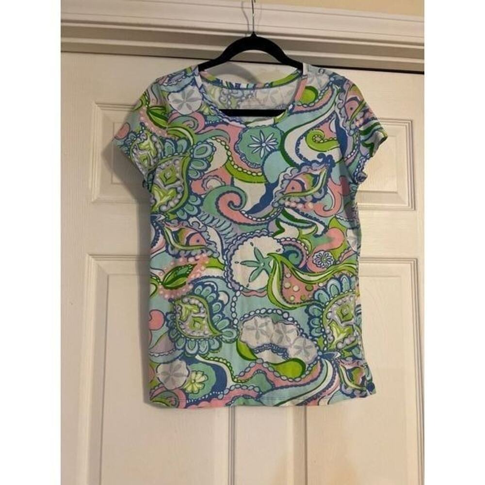Lilly Pulitzer Karrie Crew Neck Tee Shirt Sz M Conch‎ Republic Pink Blue Green